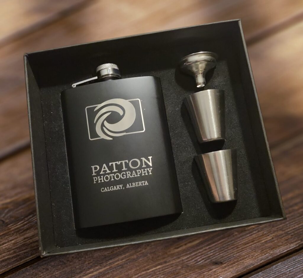 8oz custom engraved flash set with two stainless steel shot glasses and filling funnel.