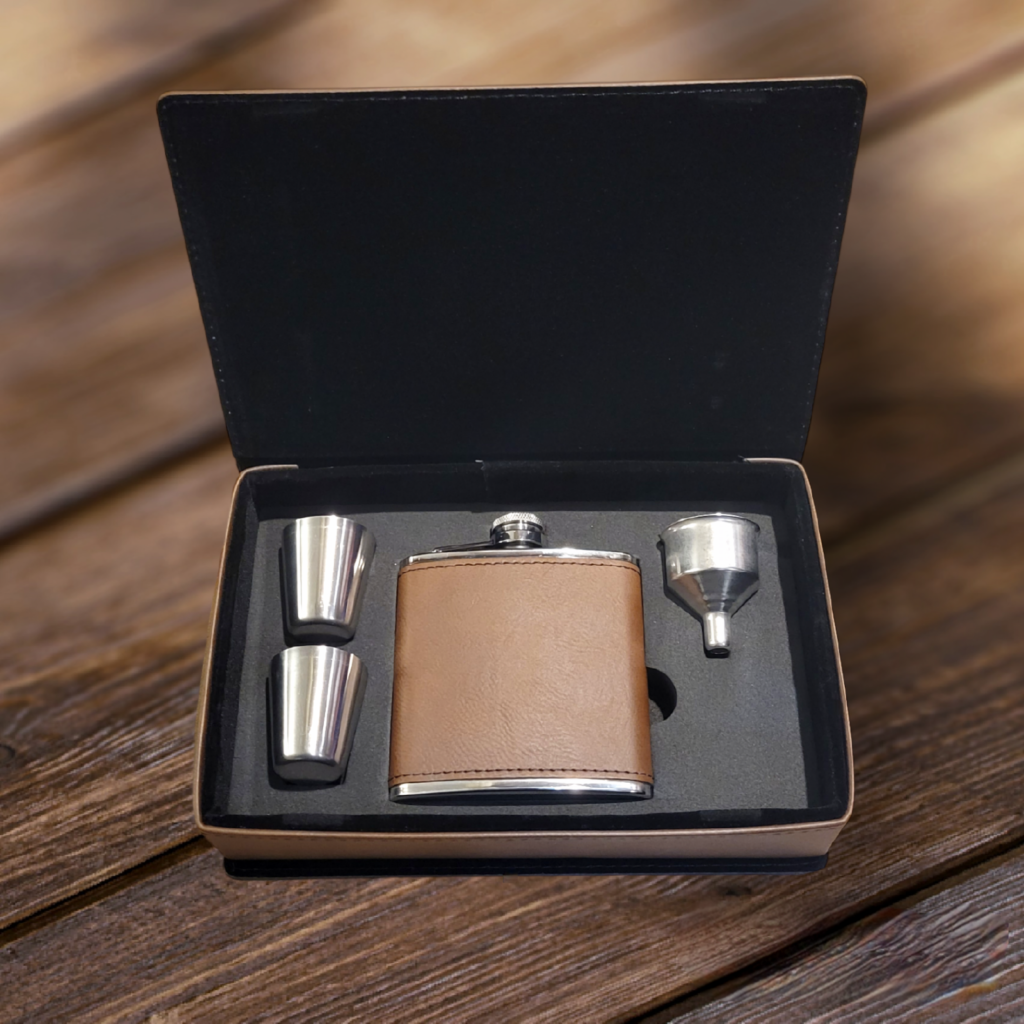 Leather wrapped flask set in leather case