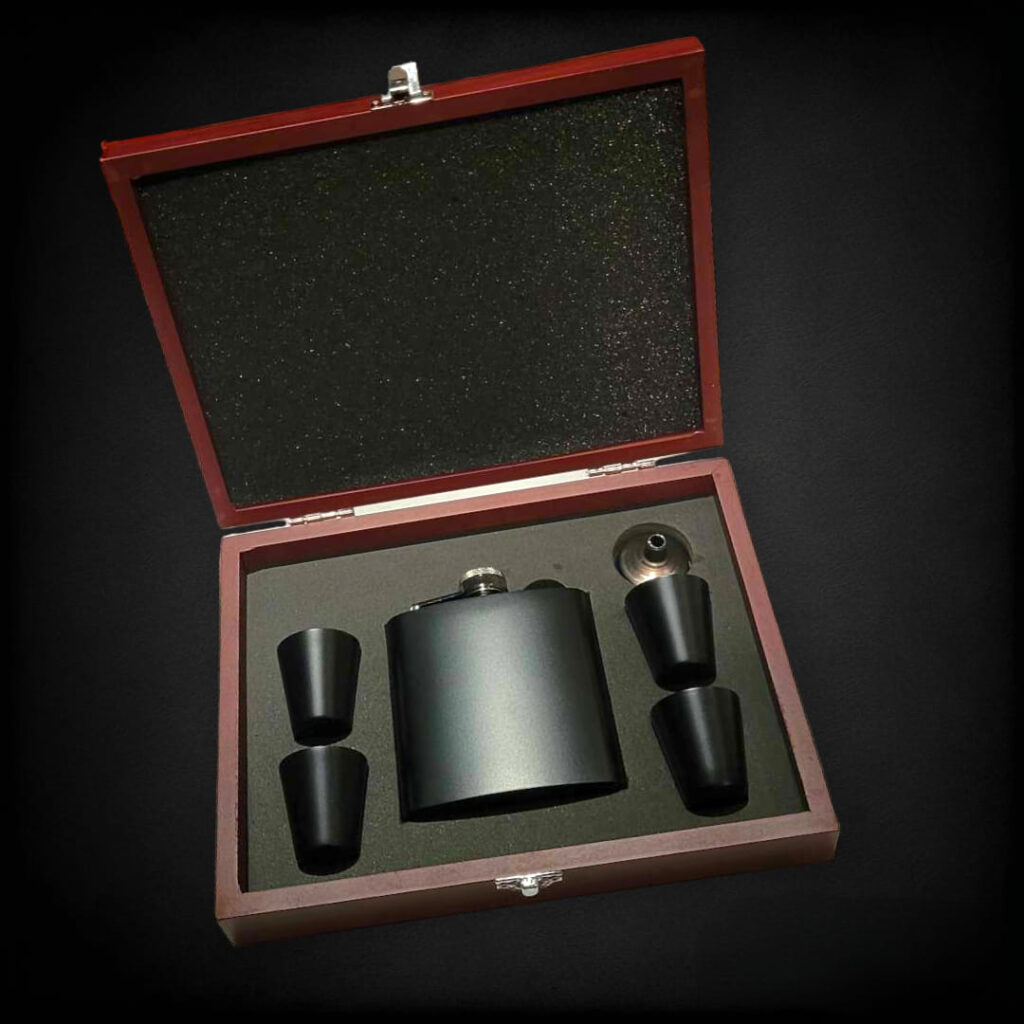 Calgary laser engraving for a 6oz flask in a custom engraved rosewood presentation box