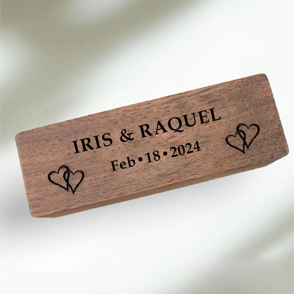 Custom engraved wedding ring box with names