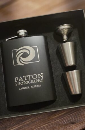 8oz custom engraved flash set with two stainless steel shot glasses and filling funnel.