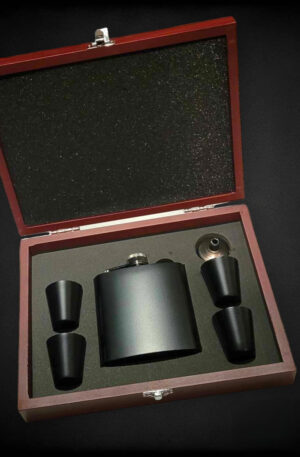 Calgary laser engraving for a 6oz flask in a custom engraved rosewood presentation box